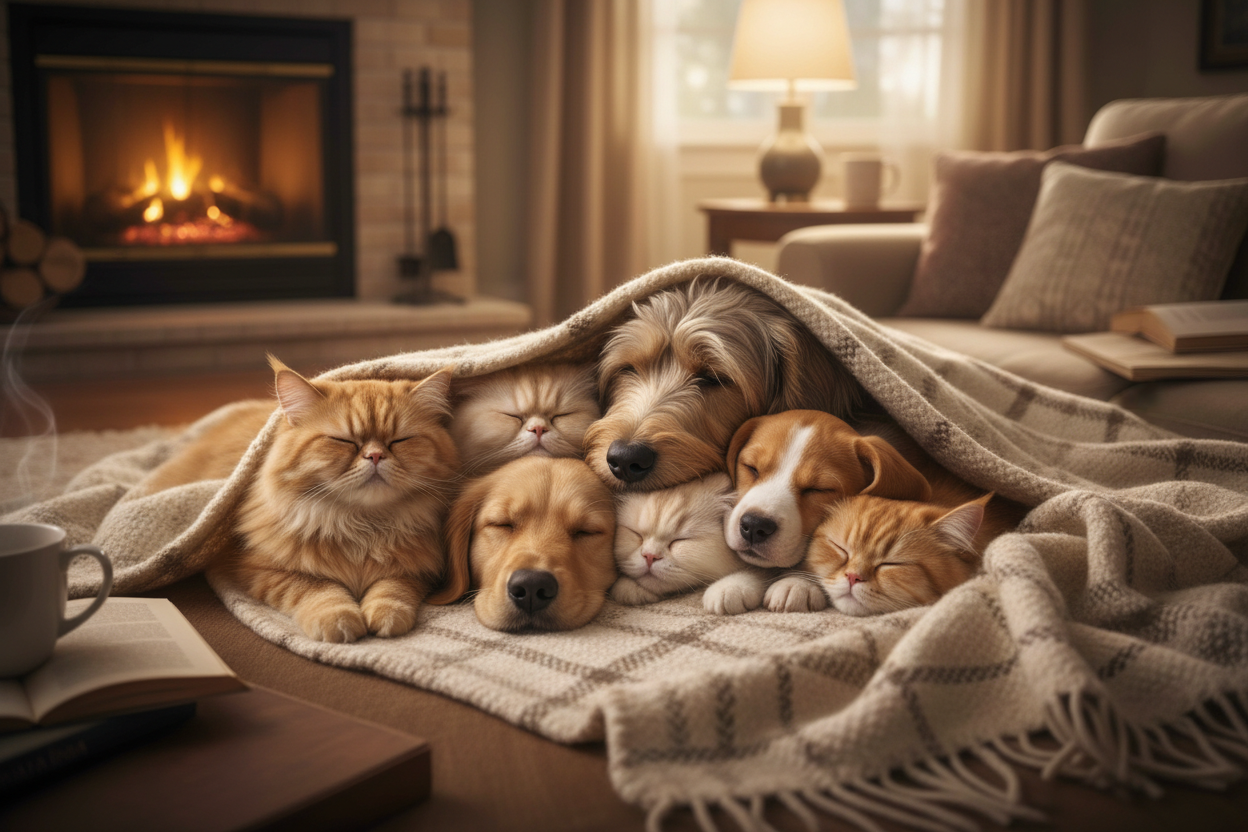 cats and dogs in blanket